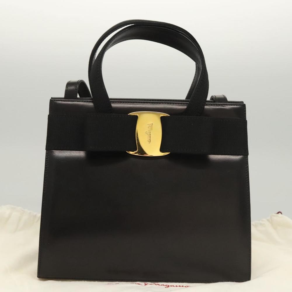 Salvatore Ferragamo Vala Hand Bag Leather 2way Black Gold Auth gh079 - Picture 12 of 16